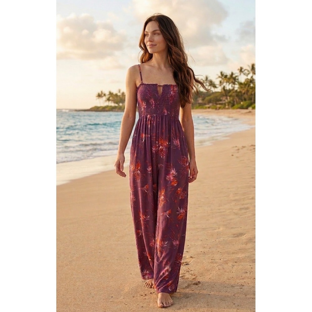 Womens Boho Smocked Floral Wide Leg Jumpsuit S Tropical Beach Festival Resort